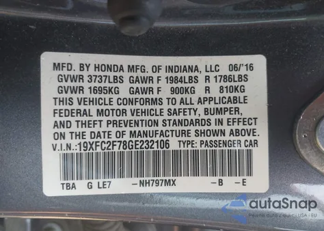 2016 Honda Civic Ex из США, поврежденный, VIN 19XFC2F78GE232106